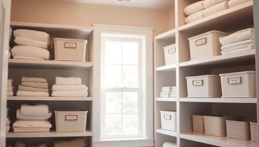A well-organized DIY linen closet with neatly labeled storage bins and containers. The shelves are arranged in a clean, minimalist style, with a focus on functionality and visual appeal. Soft, natural lighting filters in through a window, casting a warm glow on the carefully curated collection of linen storage solutions. The bins are clearly labeled with simple, legible tags, allowing for easy identification and organization of linens, towels, and other household items. The overall atmosphere is one of intentional, streamlined home organization, providing inspiration for the viewer to recreate this efficient and aesthetically pleasing linen closet setup.