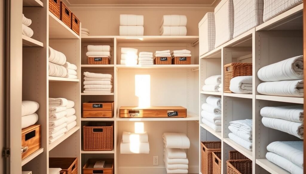A well-organized, expertly crafted DIY linen closet with custom shelving, ample storage, and a clean, minimalist aesthetic. The closet is bathed in warm, natural light, casting a cozy glow on the neatly folded linens and towels. Wooden crates, baskets, and labeled bins create a visually appealing and practical storage solution. The shelves are arranged in a symmetrical, visually balanced layout, complementing the neutral color palette. The closet exudes a sense of tranquility and organization, perfectly embodying the "Simple DIY Linen Closet Projects for Easy Storage" theme.