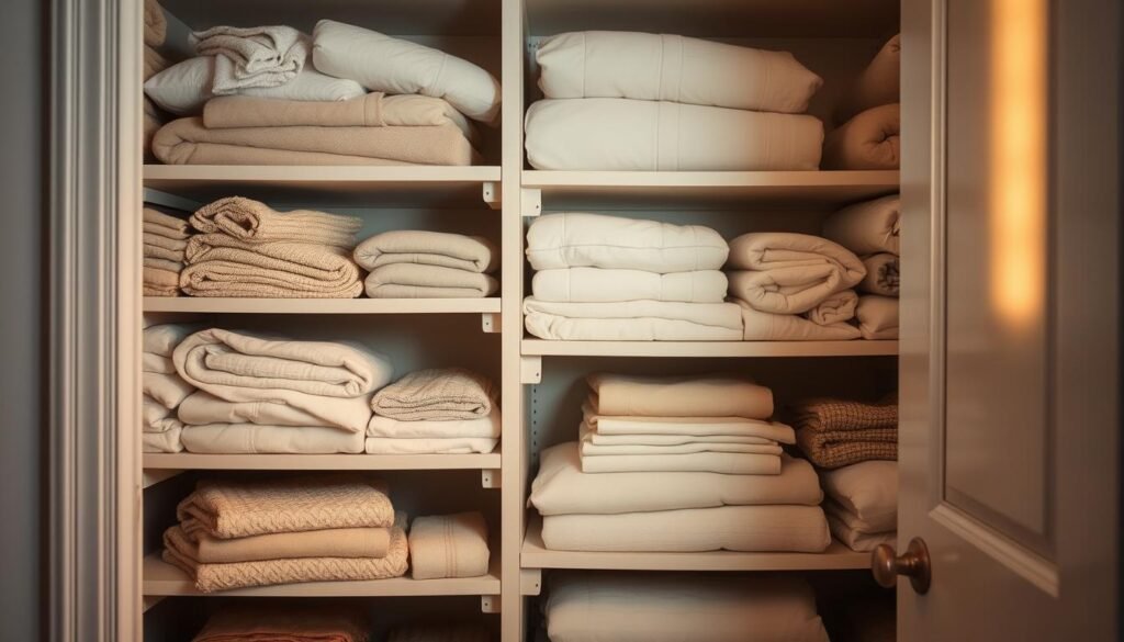A well-organized linen closet with neatly folded towels, sheets, and bedding in a range of soft, natural colors. The shelves are arranged in a visually appealing manner, with items grouped by type and size. Gentle side lighting casts a warm glow, highlighting the textures of the fabrics. The closet door is slightly ajar, inviting the viewer to step inside this serene, functional space. The overall impression is one of calm efficiency, a sanctuary for household essentials.