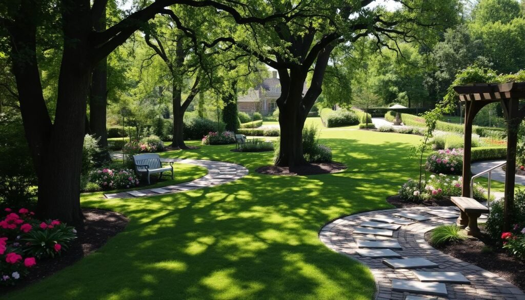 A winding garden pathway meanders through a lush, verdant landscape. Cobblestones and stepping stones line the route, inviting exploration. Towering trees cast dappled shadows, while blooming flowers in vibrant hues dot the edges. Gentle sunlight filters through the canopy, creating a warm, inviting atmosphere. The path curves gracefully, leading the eye deeper into the serene, well-manicured garden. Architectural elements, such as a rustic wooden arbor or a charming garden bench, punctuate the scene, adding visual interest and a sense of purposeful design. The overall impression is one of tranquility, balance, and harmony, capturing the essence of an idyllic garden pathway.