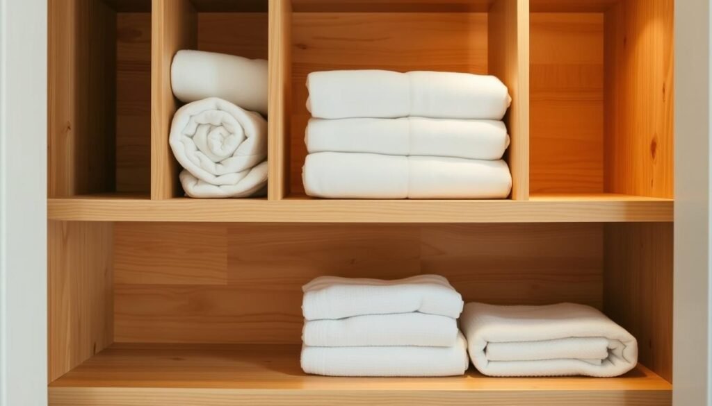 A wooden shelf with custom dividers, perfectly organized for a linen closet. Rustic, natural grain of pine boards, sanded smooth with a matte finish. Minimalist design with clean lines, evenly spaced compartments. Soft, warm lighting gently illuminates the scene, casting subtle shadows. Camera angle slightly from above, capturing the tidy, practical arrangement. Peaceful, serene atmosphere, inviting the viewer to imagine the satisfying feeling of neatly folded linens and towels. The epitome of simple, functional DIY storage.