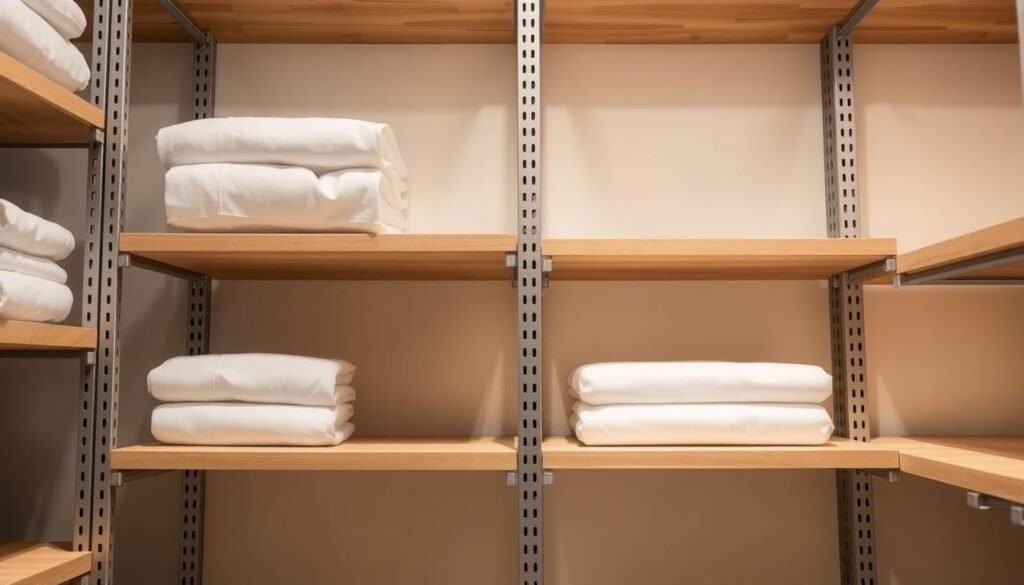 Adjustable shelving system with sleek aluminum frames, customizable shelves, and a minimalist design. Soft ambient lighting creates a warm, inviting atmosphere, highlighting the natural wood or white finishes. The shelves are arranged in a clean, symmetrical layout, with ample space between each level for easy organization. A slightly angled view showcases the depth and versatility of the storage solution, ideal for linen closets or pantries. A subtle, muted color palette complements the modern aesthetic, creating a serene and organized visual that aligns with the "Simple DIY Linen Closet Projects for Easy Storage" theme.