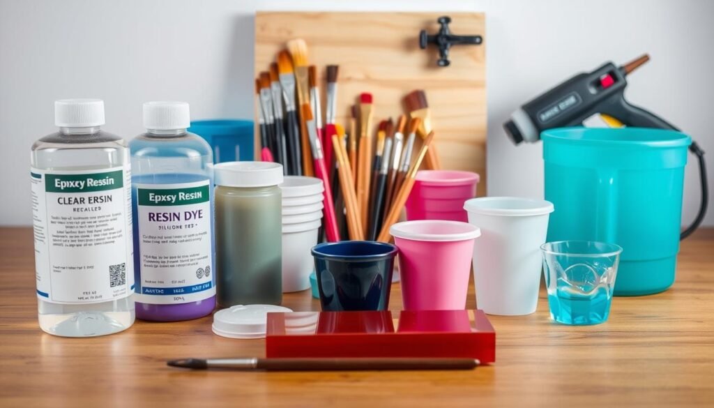 Crisp, well-lit tabletop showcasing an array of epoxy resin materials and tools. In the foreground, clear epoxy resin, resin dye, and silicone molds. In the middle, a variety of paintbrushes, mixing cups, and a heat gun. In the background, a wood plank and a clamp, suggesting the intended application of the resin. The lighting is soft and even, highlighting the transparency and glossy finish of the resin. The overall composition is clean, organized, and inviting, conveying a sense of professionalism and craftsmanship suitable for an instructional guide.