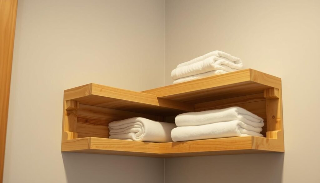 Detailed, well-crafted wooden corner shelves in a warm, natural aesthetic. Rustic pine planks with distinct wood grain, supported by sturdy L-shaped brackets. Floating design maximizes limited space, with three tiered levels for storing linens, towels, and other household items. Soft, indirect lighting illuminates the shelves, creating a cozy, inviting atmosphere. Minimal, uncluttered styling allows the natural beauty of the wood to shine. A space-saving solution that seamlessly blends form and function, perfect for a linen closet or bathroom.