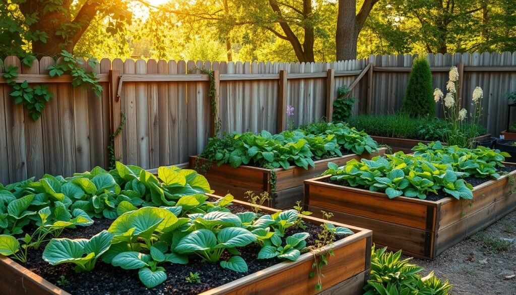 Lush, verdant raised garden beds nestled against a rustic wooden fence, bathed in warm, golden sunlight that filters through the canopy of nearby trees. The beds are constructed with precision, their elevated design allowing for easy access and optimal drainage. The soil is rich and dark, teeming with vibrant greens of various leafy vegetables and herbs. Trailing vines and delicate flowers cascade over the edges, adding a touch of natural beauty. A sense of tranquility and productivity permeates the scene, inviting the viewer to envision themselves tending to this bountiful, self-sustaining oasis.