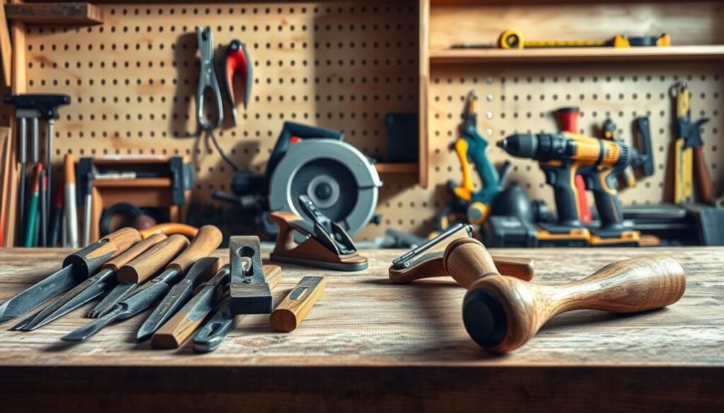 Woodworking tools arranged in a well-lit, organized workspace. In the foreground, an assortment of chisels, hand planes, and a woodworking mallet against a backdrop of a sturdy workbench with a worn, weathered surface. In the middle ground, a circular saw, a jigsaw, and a cordless drill resting on a pegboard, casting soft shadows. In the background, a set of clamps, a tape measure, and a pencil neatly displayed on shelves. The overall scene conveys a sense of precision, craftsmanship, and the essential tools needed for DIY woodworking projects.