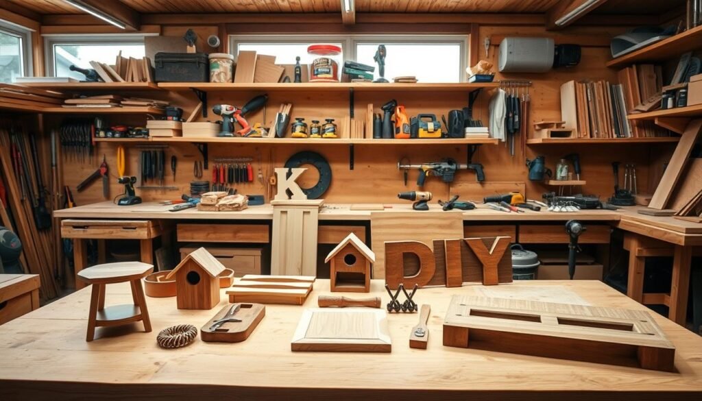 Woodworking workshop with a variety of simple DIY projects laid out on a wooden workbench. In the foreground, a small side table, a birdhouse, and a rustic wooden sign. In the middle ground, shelves lined with hand tools, power tools, and woodworking accessories. The background features a warm, natural lighting through a large window, casting a cozy glow over the scene. The overall mood is one of accessible, beginner-friendly woodworking, showcasing straightforward projects that build essential skills.