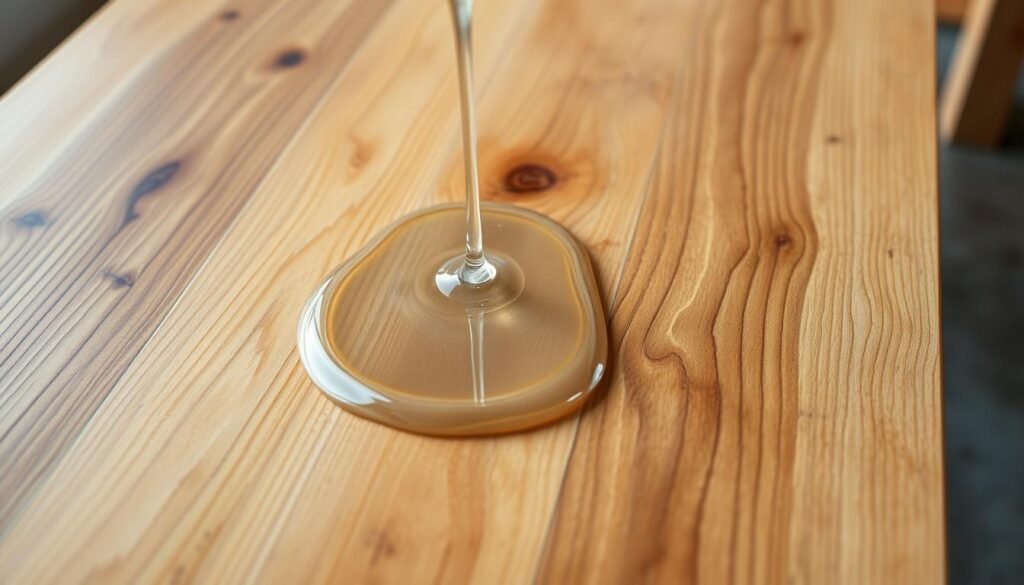 a high-quality, photorealistic image of epoxy resin being poured onto a wooden table top. The table is made of natural oak wood with a warm, rustic grain texture. The resin is a clear, glossy liquid that is slowly being poured and spread evenly across the surface, creating a smooth, reflective finish. Soft, natural lighting illuminates the scene, highlighting the beautiful wood grain and the flowing, viscous nature of the epoxy. The image is shot from a slightly elevated angle, showcasing the entire table top and the pouring process in detail. The mood is one of precision, craftsmanship, and the satisfying application of a high-quality finishing material.