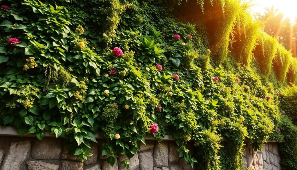 a lush, verdant vertical garden cascading down a stone wall, with a variety of thriving greenery and flowering plants spilling over the edges, creating a stunning and immersive display; the garden is bathed in warm, natural sunlight from above, casting a soft glow and casting dramatic shadows; the composition is framed to showcase the dynamic interplay of textures, colors, and shapes, drawing the viewer's eye upwards and across the verdant cascade; the overall scene evokes a sense of tranquility, beauty, and harmony, perfectly capturing the essence of an elevated outdoor space.
