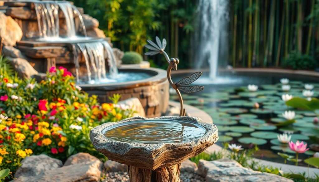 a stunning water feature with cascading waterfall, surrounded by a lush garden of vibrant flowers and greenery. In the foreground, a unique handcrafted birdbath made of weathered stone and driftwood, its surface reflecting the play of light and water. The middle ground features a whimsical metal sculpture of a dragonfly, its wings capturing the breeze. In the background, a tranquil pond with floating lotus blossoms, framed by a row of tall bamboo stalks. The scene is bathed in warm, golden lighting, creating a serene and enchanting atmosphere, perfect for enhancing the outdoor living space.