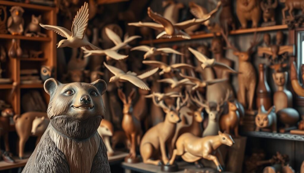 carved wooden animals