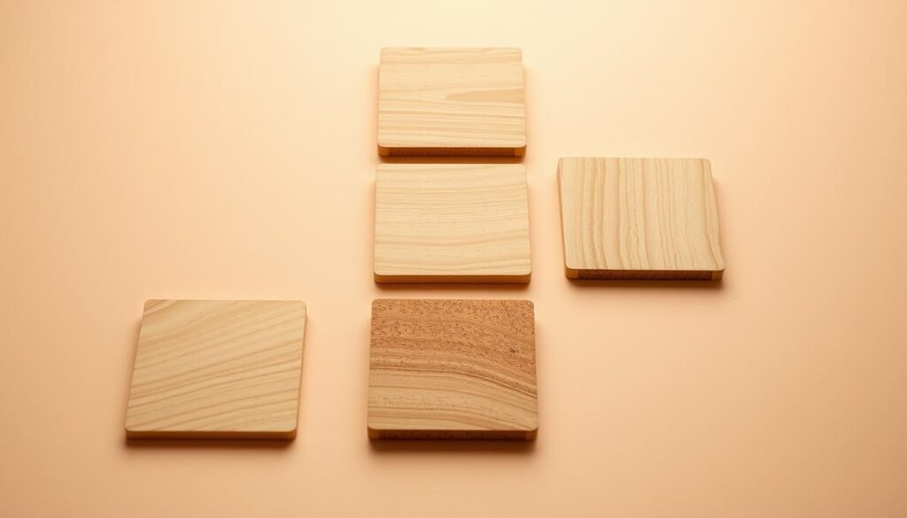 cork-backed wooden tile coasters