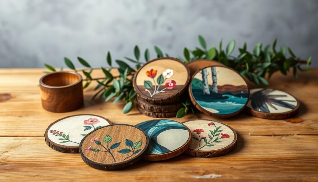hand-painted nature-inspired wooden coasters
