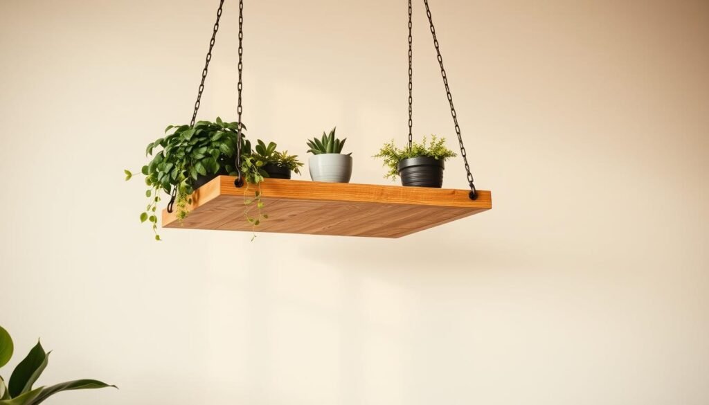 hanging wooden plant shelf