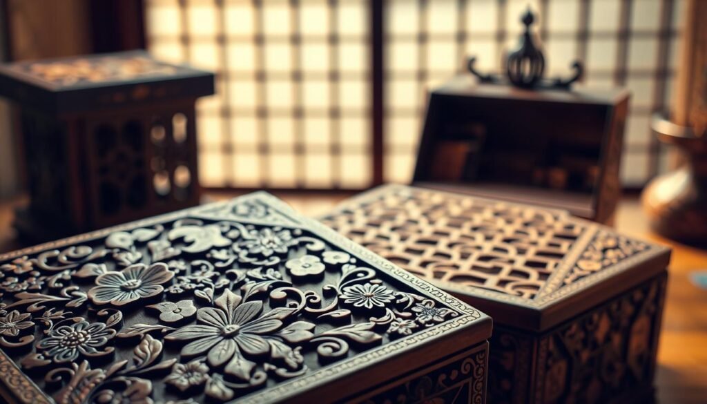 intricate designs on Japanese puzzle boxes