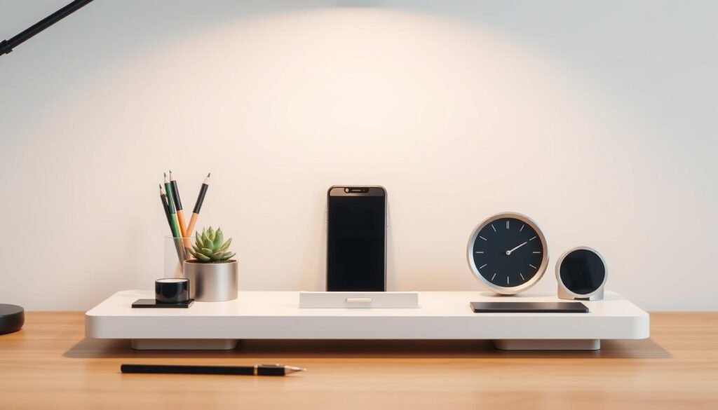 modern desktop organizer with phone dock