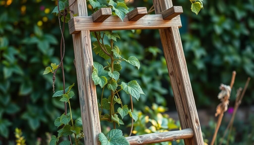 repurposed wooden ladder trellis