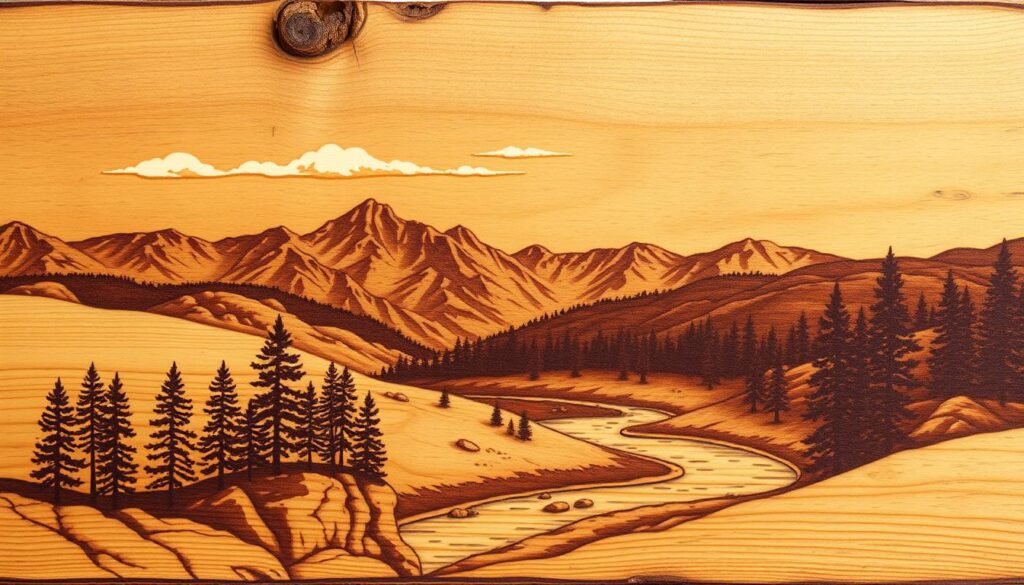 rustic landscape pyrography on rustic wood