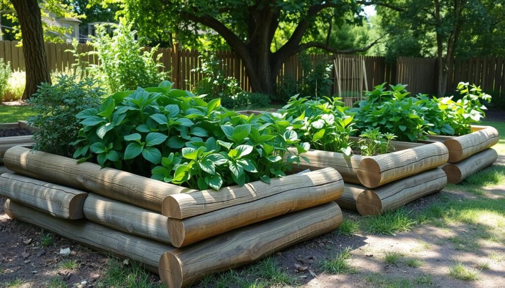 rustic log-edged garden beds
