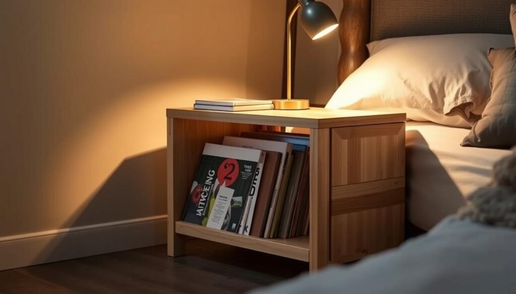 space-saving bedside table with magazine rack
