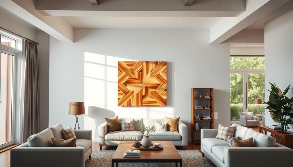 wood wall art in living room decor