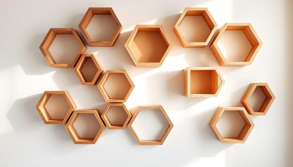 wooden hexagon honeycomb shelves