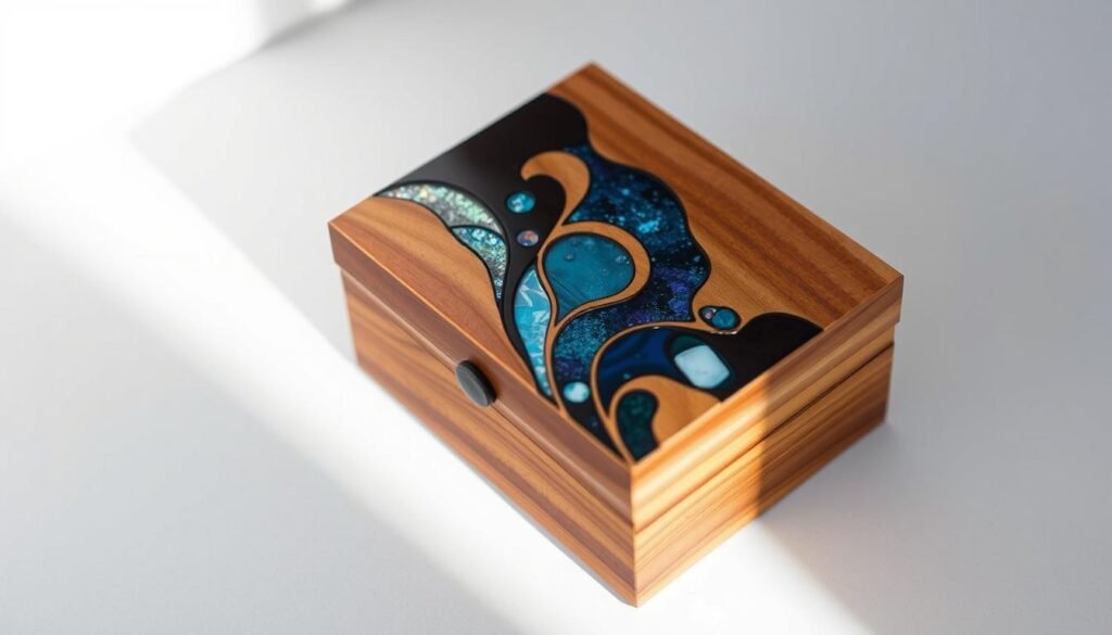 wooden jewelry box with resin inlay