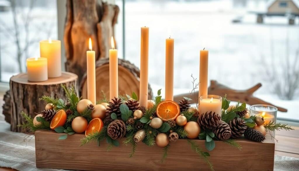 holiday centerpieces with wood and candles holiday centerpieces with wood and candles