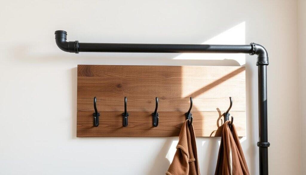 industrial pipe and wood coat rack