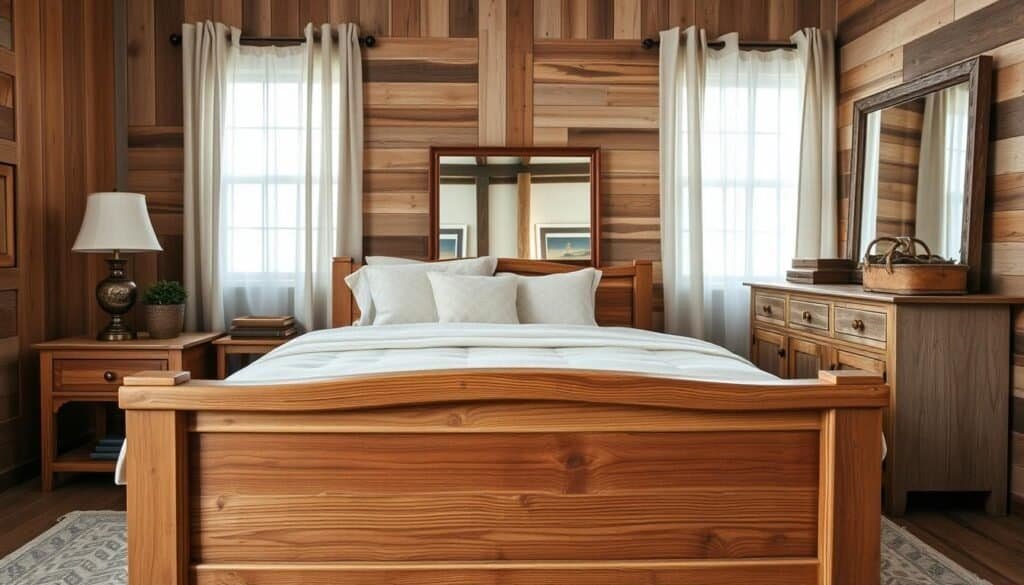 mixing wood tones in farmhouse bedroom
