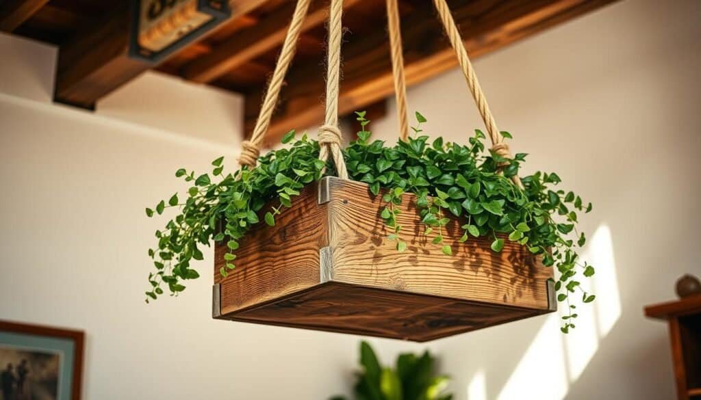rustic rope-suspended wooden box planter rustic rope-suspended wooden box planter