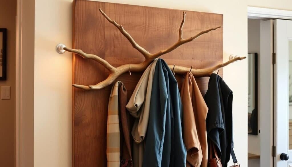 rustic wall-mounted branch coat rack