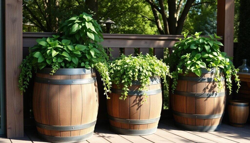 rustic wooden barrel planters