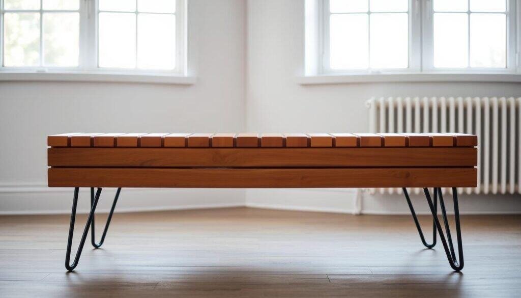 slatted bench with hairpin legs