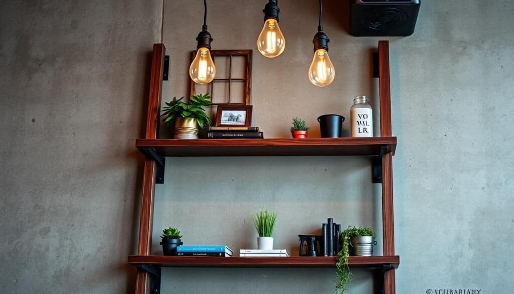 wall-mounted ladder shelf with industrial accents wall-mounted ladder shelf with industrial accents