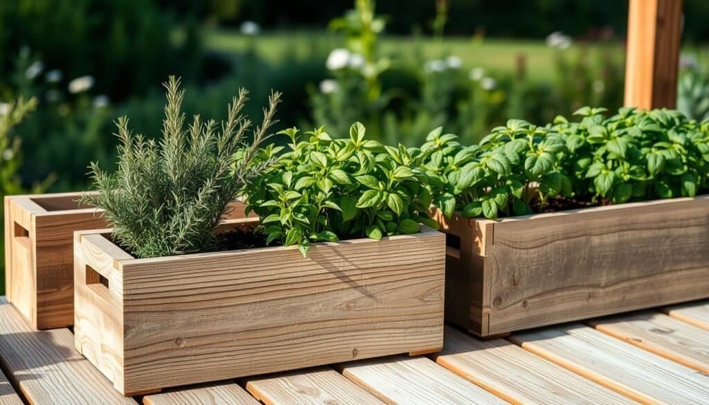 wooden planters with herbs