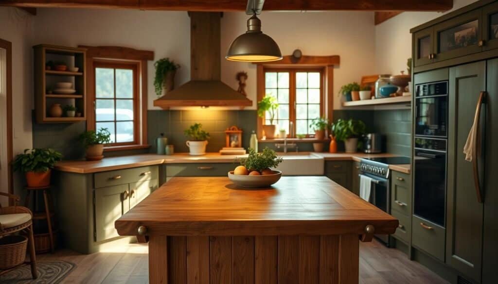 Olive green and wood kitchen Olive green and wood kitchen