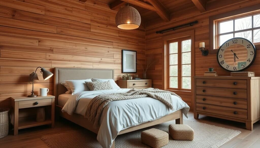 cozy bedroom design with wood walls
