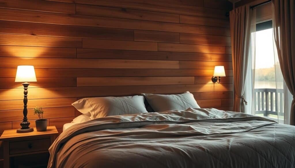 cozy bedroom with wood wall
