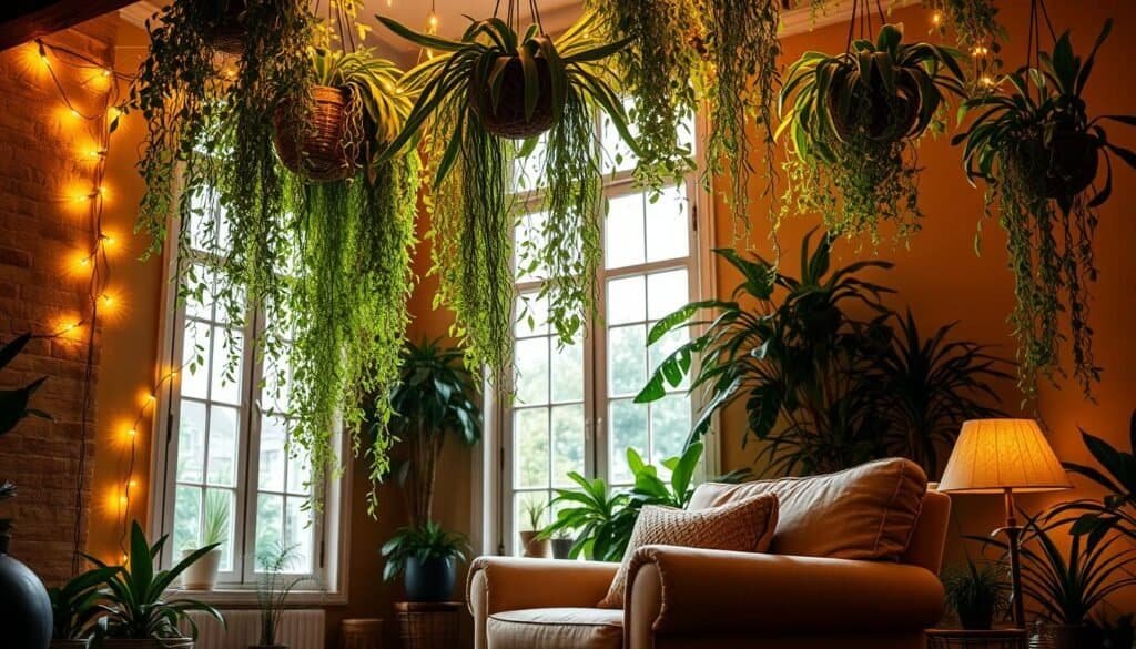 cozy room with hanging plants and lights cozy room with hanging plants and lights