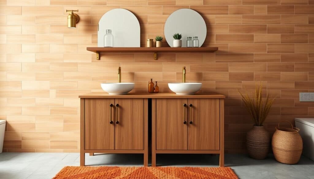 fall bathroom decor with wood accents