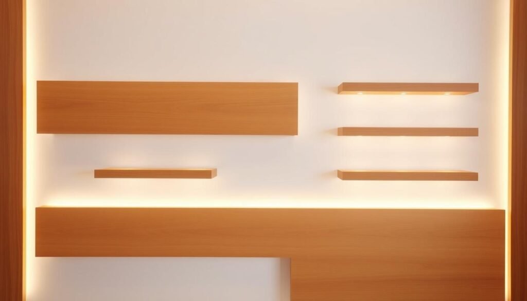 floating wood accent walls with integrated lighting