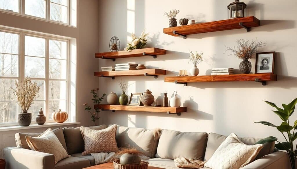 floating wood shelves with seasonal vignettes floating wood shelves with seasonal vignettes