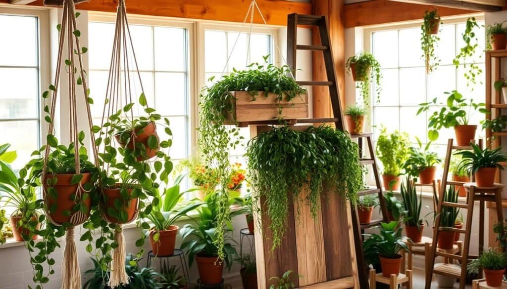 hanging plant displays with wooden elements hanging plant displays with wooden elements