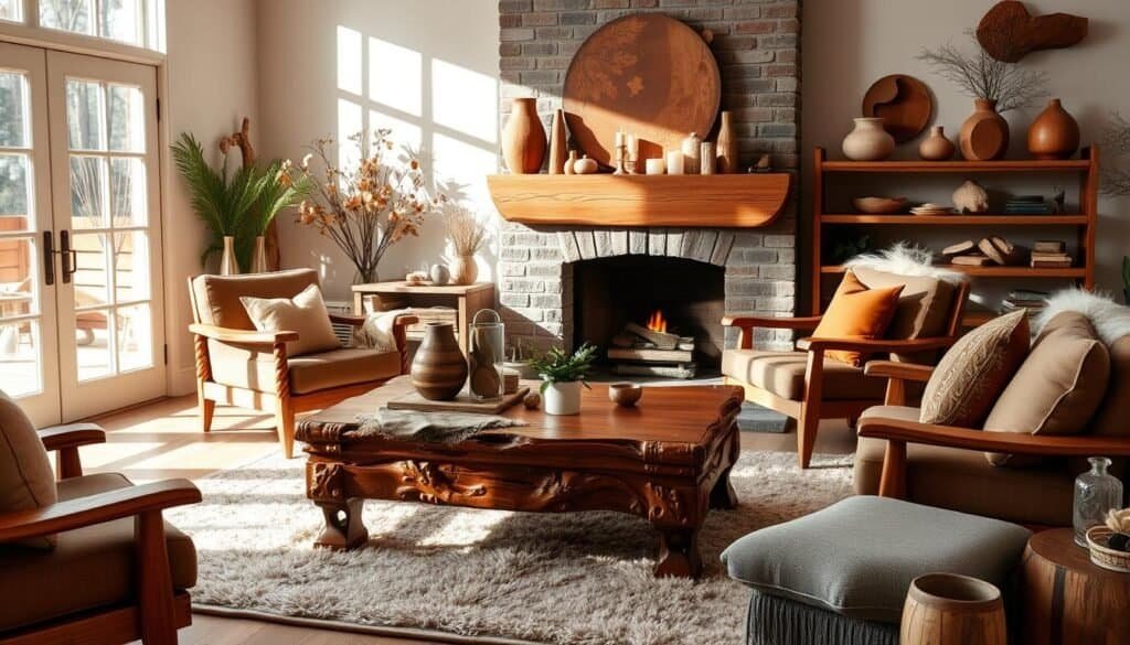 living room decor with seasonal wood accents