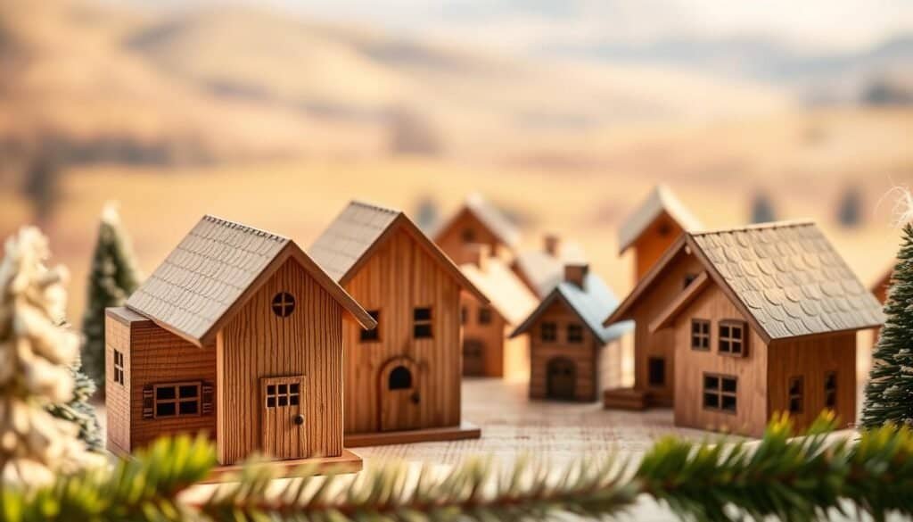 miniature wooden houses ornament set