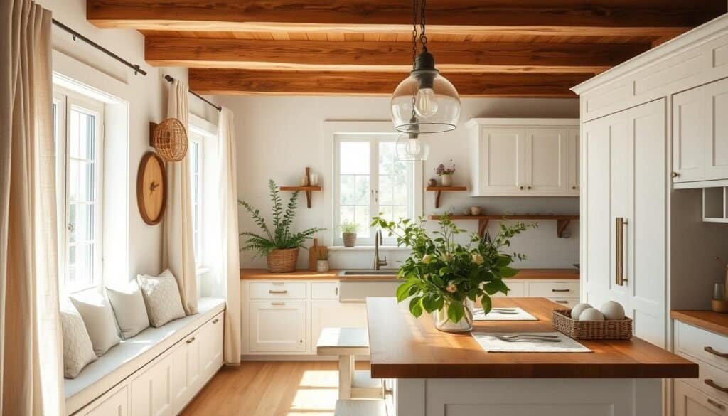 modern farmhouse kitchen with wooden features and linen textiles modern farmhouse kitchen with wooden features and linen textiles