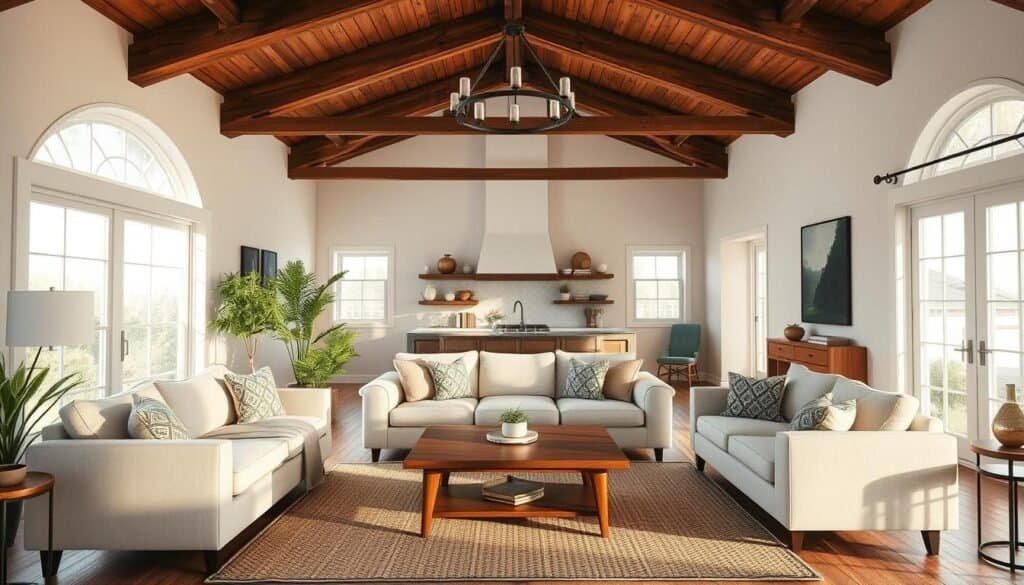 modern farmhouse living room with beams modern farmhouse living room with beams