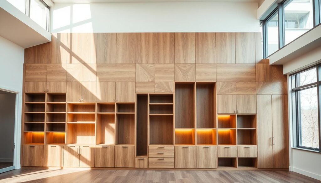 multi-functional wood walls with storage solutions