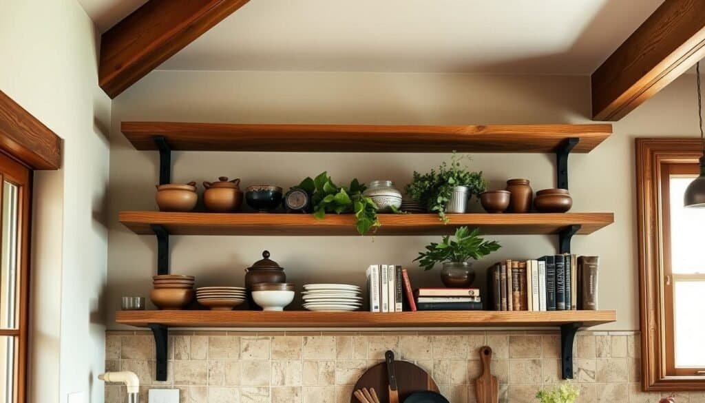 open wooden shelving